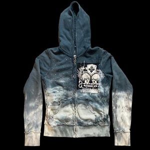 crazy distressed Affliction studded skulls zip up hoodie size women’s medium